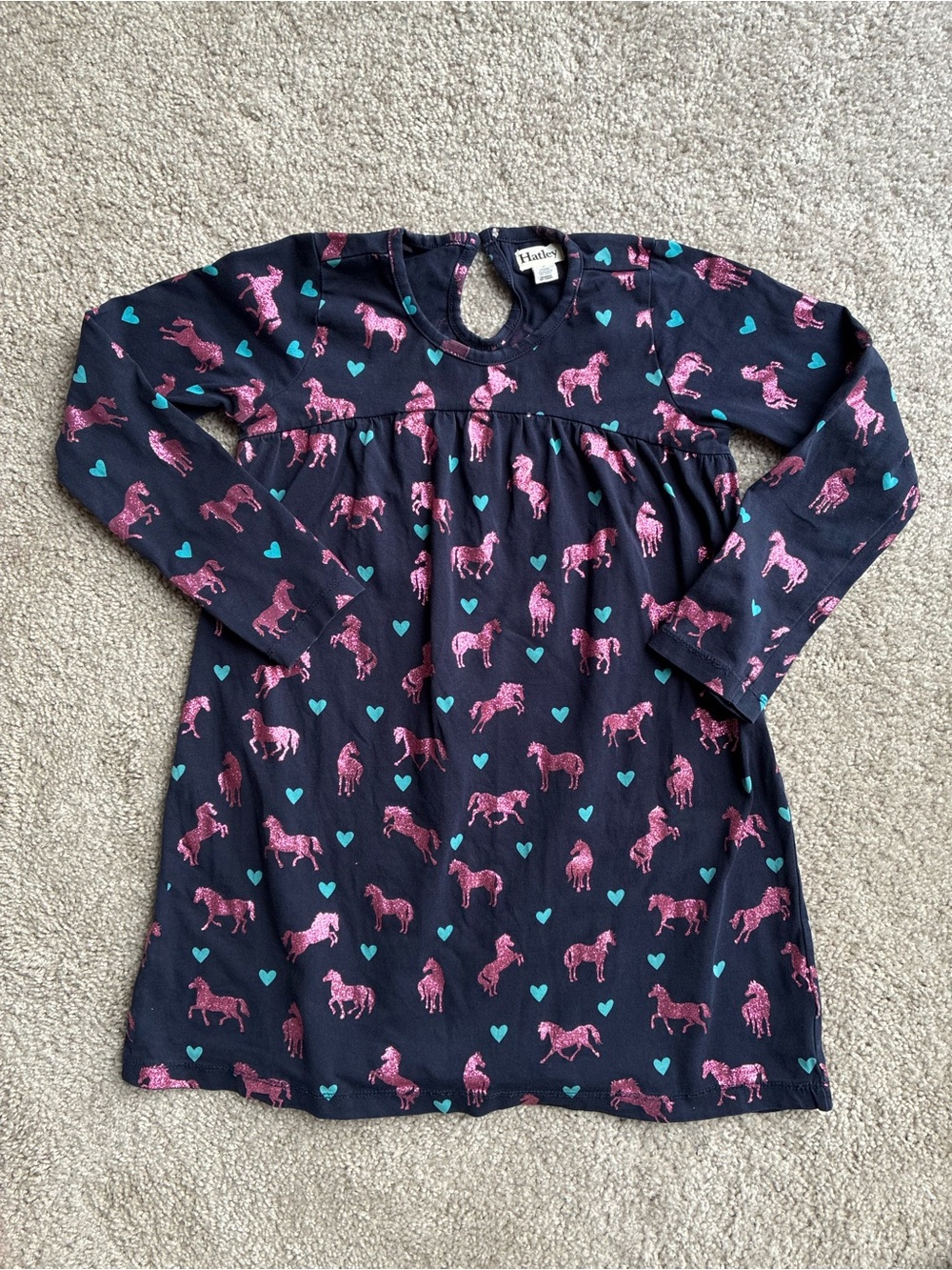 Hatley Navy Dress with Pink Horse and Teal Heart Print